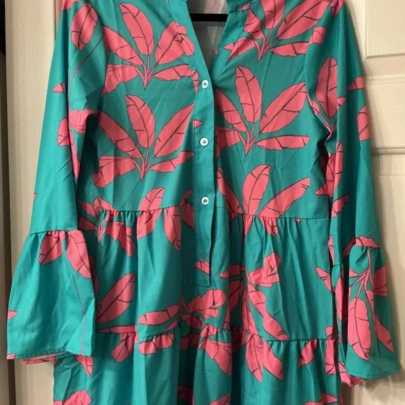 Teal and Pink Leaf Print Dress - Picture 5 of 5